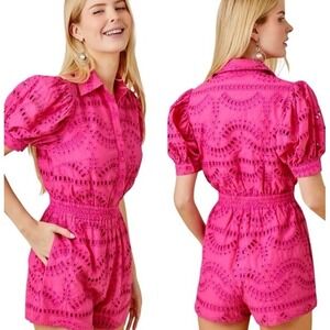 Mainstrip Eyelet Romper Size M Hot Pink Barbiecore Cottagecore Puff Sleeve EUC